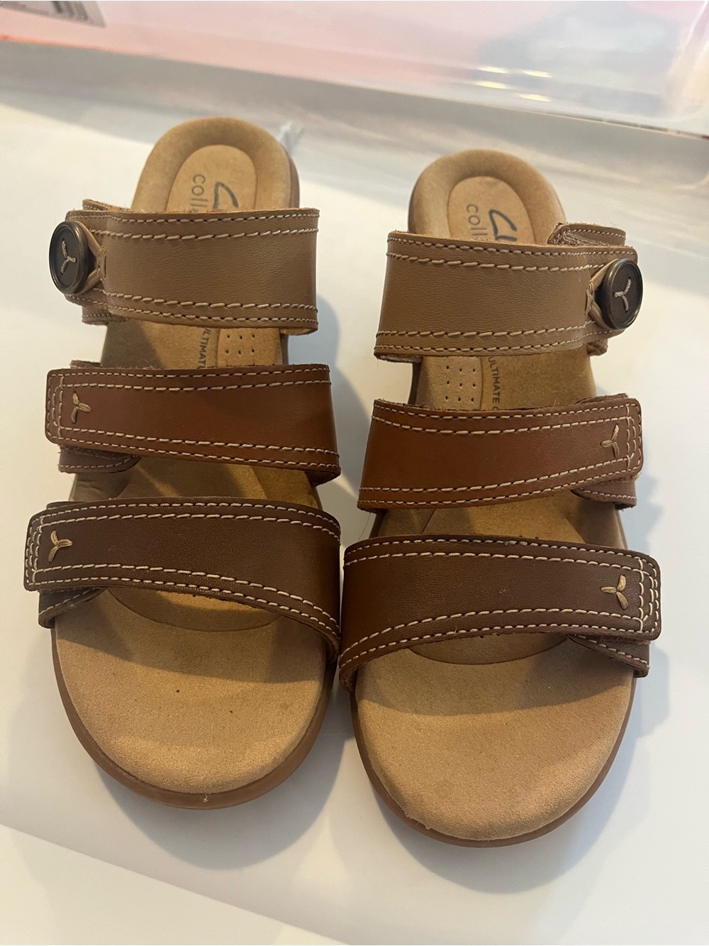 Clarks Emily2 Adella Brown multi Triple-Strap Leather Sandals
